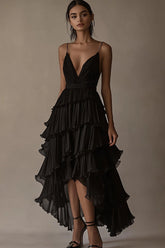 A-Linie Schwarzes Krawattenkleid mit V-Ausschnitt und Rüschen
